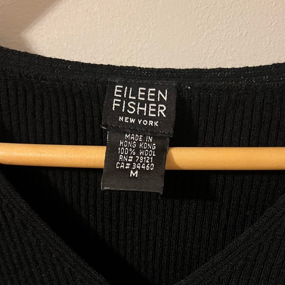 Vintage Eileen Fisher 100% Wool Short Sleeve Ribbed Sweater Tee Black Medium - Picture 3 of 5